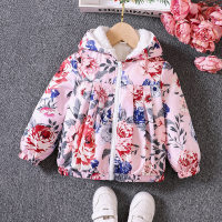 Jaqueta infantil feminina com estampa floral e forro de lã com capuz  Rosa