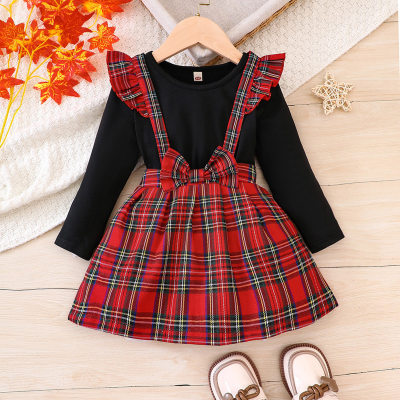 2-piece Toddler Girl Solid Color Long Sleeve Top & Plaid Strap Dress