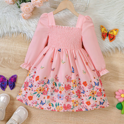 Novidade para crianças pequenas e médias, estilo primavera e verão para meninas, vestido estampado floral de um ombro