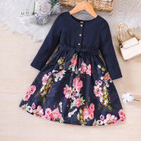 Kid Girl Floral Printed Patchwork Button Front Lapel Long Sleeve Dress  Deep Blue