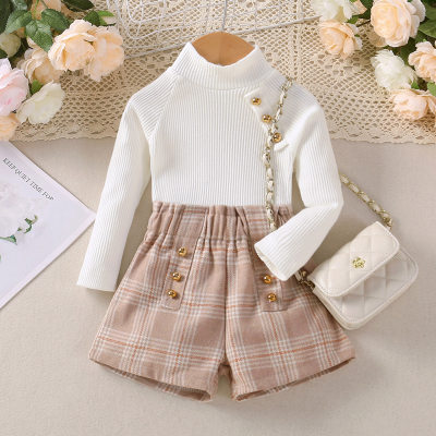 Toddler Solid Color Long Sleeve T-shirt & Plaid Skirt