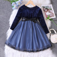 Kid Girl Solid Color Ruffled Mesh Patchwork Round Neck Long Sleeve Dress  Deep Blue