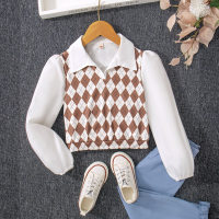 Girls Spring and Autumn Long Sleeve Diamond Check Shirt Splicing Top  White