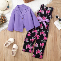 3-piece Toddler Girl Allover Floral Printed Sleeveless Jumpsuit & Belt & Solid Color Lapel Coat  Purple