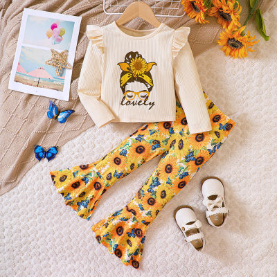 2-piece Toddler Girl Letter and Cartoon Figure Printed Long Sleeve T-shirt & Sunflower Printed Bell Bottoms