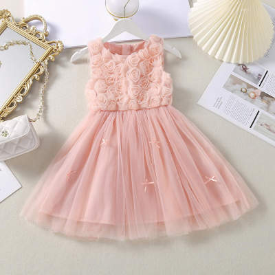 Vestido de malla de encaje sin mangas con decoración de lazo bordado en 3D de rosa para niños pequeños