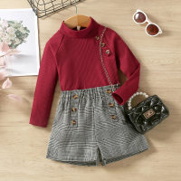 2-piece Toddler Girl Solid Color Stand Up Collar Long Sleeve Top & Plaid Shorts  Red