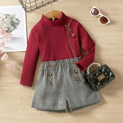 2-piece Toddler Girl Solid Color Stand Up Collar Long Sleeve Top & Plaid Shorts