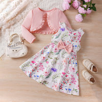 New arrivals for small and medium-sized children, girls' spring and autumn style printed dress, knitted cardigan suit  Pink