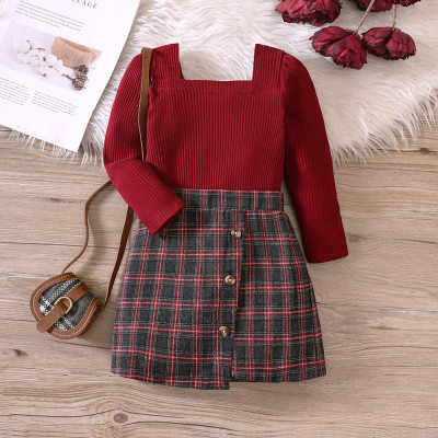 2-piece Toddler Girl Solid Color Square Neck Long Sleeve Top & Plaid Skirt