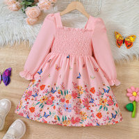 New spring and summer girls' spring and summer one-piece collared flower print dress for children and middle-aged children  Pink