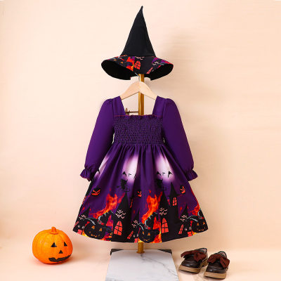 Vestido infantil de 2 peças estilo Halloween com gola quadrada e manga comprida e chapéu de bruxa combinando