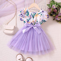 2-piece Toddler Girl Floral Printed Mesh Patchwork Bowknot Decor Short Sleeve Dress & Belt  Purple