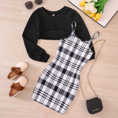 2-piece Kid Girl Plaid Cami Dress & Solid Color Long Sleeve Top