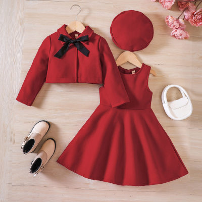 4-piece Toddler Girl Solid Color Sleeveless Vest Dress & Lapel Jacket&beret &Bow Trim Strap