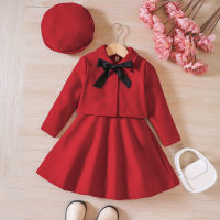 4-piece Toddler Girl Solid Color Sleeveless Vest Dress & Lapel Jacket&beret &Bow Trim Strap  Red