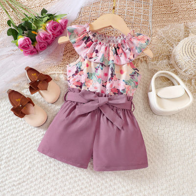 3-piece Toddler Girl Lapel Floral Printed Sleeveless Blouse & Solid Color Shorts & Belt