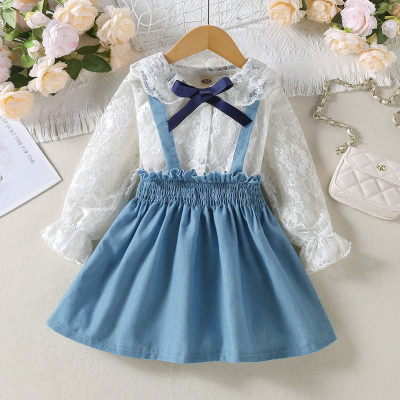 Toddler Girl Lapel Bowknot Decor Long Sleeve Top &Solid Suspenders Dress