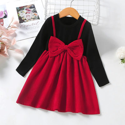 Toddler Girl 2 in 1 Patchwork Bow Decor Long Sleeve A-line Dress