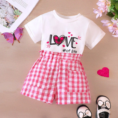 2-piece Toddler Girl Letter Pinted Short Sleeve T-shirt & Plaid Shorts