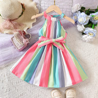 2-piece Toddler Girl Color-block Striped Halted Neck Sleeveless Dress & Bowknot Belt  Multicolor