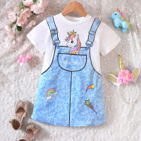 Toddler Girl Color-block Unicorn Printed Short Sleeve Dress  Blue