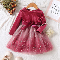 2-piece Toddler Girl Pleuche Solid Color Star Decor Mesh Patchwork Long Sleeve Dress & Bowknot Tied  Red