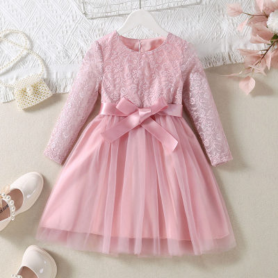 Toddler Girl Embroidered Patchwork Long Sleeve Tulle Dress with Bow Decor Belt
