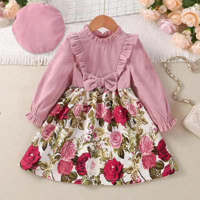 2-piece Toddler Girl Ruffled Floral Patchwork Bowknot Decor Long Sleeve Dress & Solid Color Beret