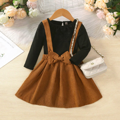 2-piece Toddler Girl Pure Cotton Solid Color Long Sleeve Top & Bowknot Decor Suspender Dress