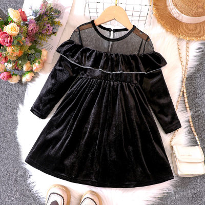 Toddler Girl Solid Color Ruffled Mush Patchwork Long Sleeve Dress