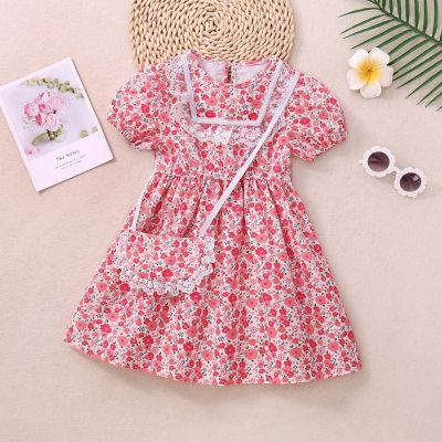2-piece Toddler Girl Allover Floral Pattern Lace Spliced Puff Sleeve Dress & Crossbody Shoulder Bag