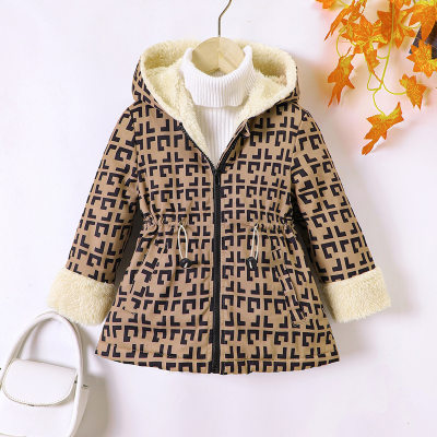 Toddler Girl Full Geometric Print Style Zipper Long Cotton-padded Jacket