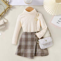 Toddler Solid Color Polo NeckTop & Plaid Skirt  Beige