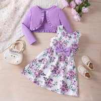 New arrivals for small and medium-sized children, girls' spring and autumn style printed dress, knitted cardigan suit  Purple