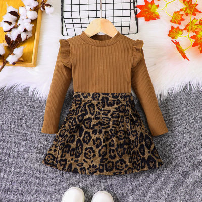 Conjunto de 3 piezas para niña pequeña de puro algodón, color liso, top con mangas gigot y falda con estampado de leopardo