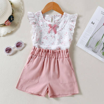 Camiseta sin mangas con decoración de lazo floral para niños pequeños y pantalones de color sólido