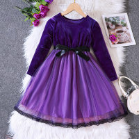 Kid Girl Solid Color Ruffled Mesh Patchwork Round Neck Long Sleeve Dress  Purple