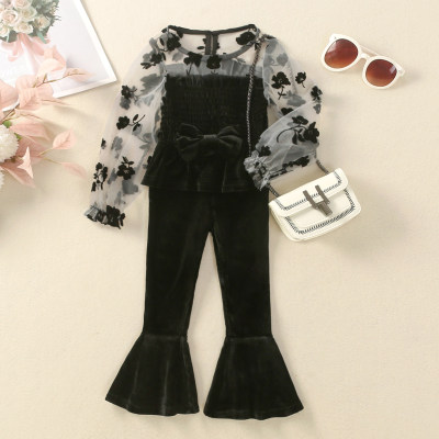 2-piece Toddler Girl Floral Embroidered Mesh Patchwork Bowknot Front Long Sleeve Top & Solid Color Flare Pants