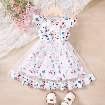 Toddler Girl Allover Floral Printed Mesh Patchwork Bowknot Decor Sleeveless Dress
