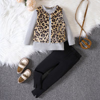 3-piece Toddler Girl Letter Round Neck Top & Leopard Print Vest & Solid Color Small Foot Pants  Gray