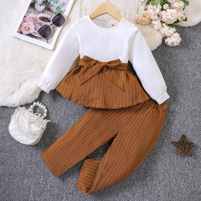 3-piece Toddler Girl Striped Patchwork Long Sleeve Top & Belt Rope & Matching Pants