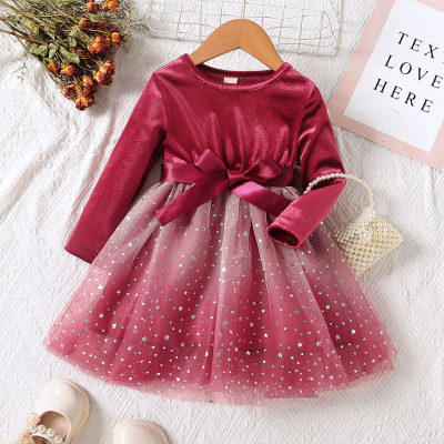 2-piece Toddler Girl Pleuche Solid Color Star Decor Mesh Patchwork Long Sleeve Dress & Bowknot Tied