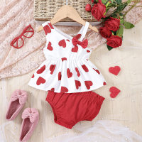 2-piece Baby Girl Allover Heart Printed Bowknot Decor Sleeveless Top & Matching Shorts  Red