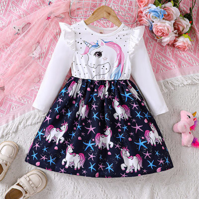 New product for children and middle-aged children, spring and summer cartoon printed patchwork long-sleeved dress