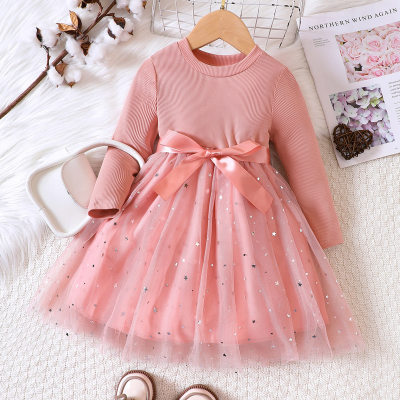 2-piece Toddler Girl Solid Color Star Sequined Mesh Patchwork Long Sleeve Dress