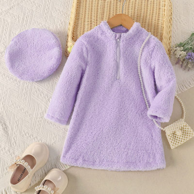 Toddler Girl Solid Long Sleeve A-line Plush Dress & Hat