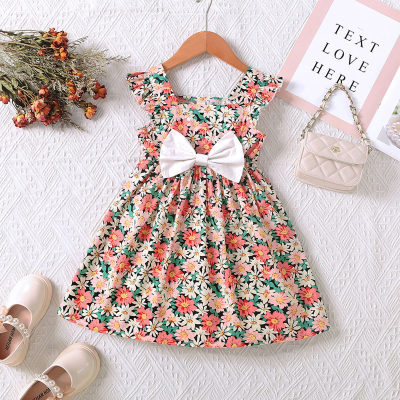 Toddler Girl Pure Cotton Allover Floral Printed Square Neck Bowknot Decor Sleeveless Dress