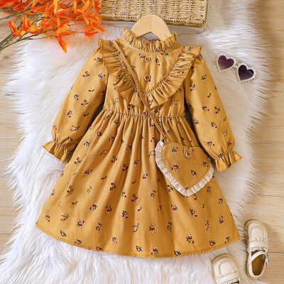 2-piece Toddler Girl Allover Printed Ruffled Long Sleeve Dress & Matching Lace Spliced Bag