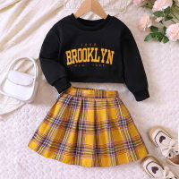 2-piece Toddler Girl Letter Print Top & Solid Color Pleated Skirt  Yellow